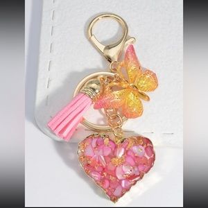 New heart shaped Keychain with tassel & butterfly Pendant bag charm pink